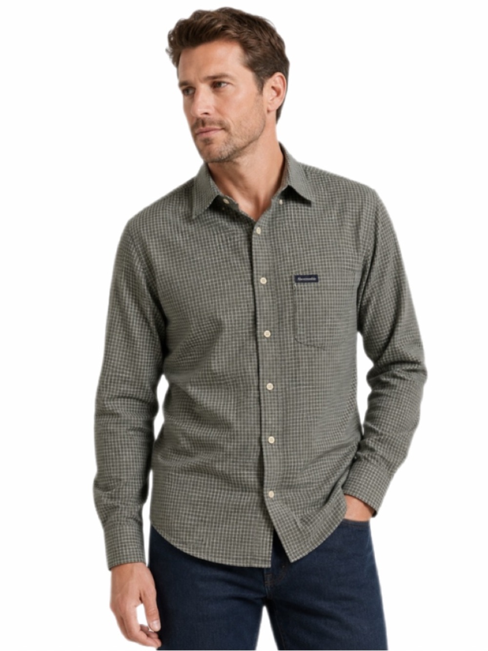 Abercrombie & Fitch Green Micro-Check Button-Down Shirt — Size S